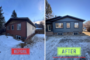 before and after images showing new hardie board lap siding and hardie shakes (Deep Ocean colour) to house at 6135 bow crescent nw, transitioning from old red cedar and vinyl exterior