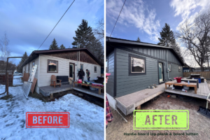 before image showing house in vinyl and old cedar shake, after photo showing new corners window trims and hardie lap siding to first level, and board and batten to attic wall
