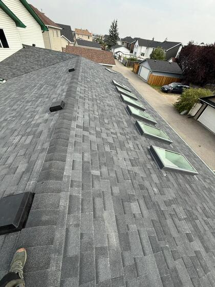 six curb mounted style skylights in combination with malarkey asphalt class 4 shingles in Oxford Grey colour